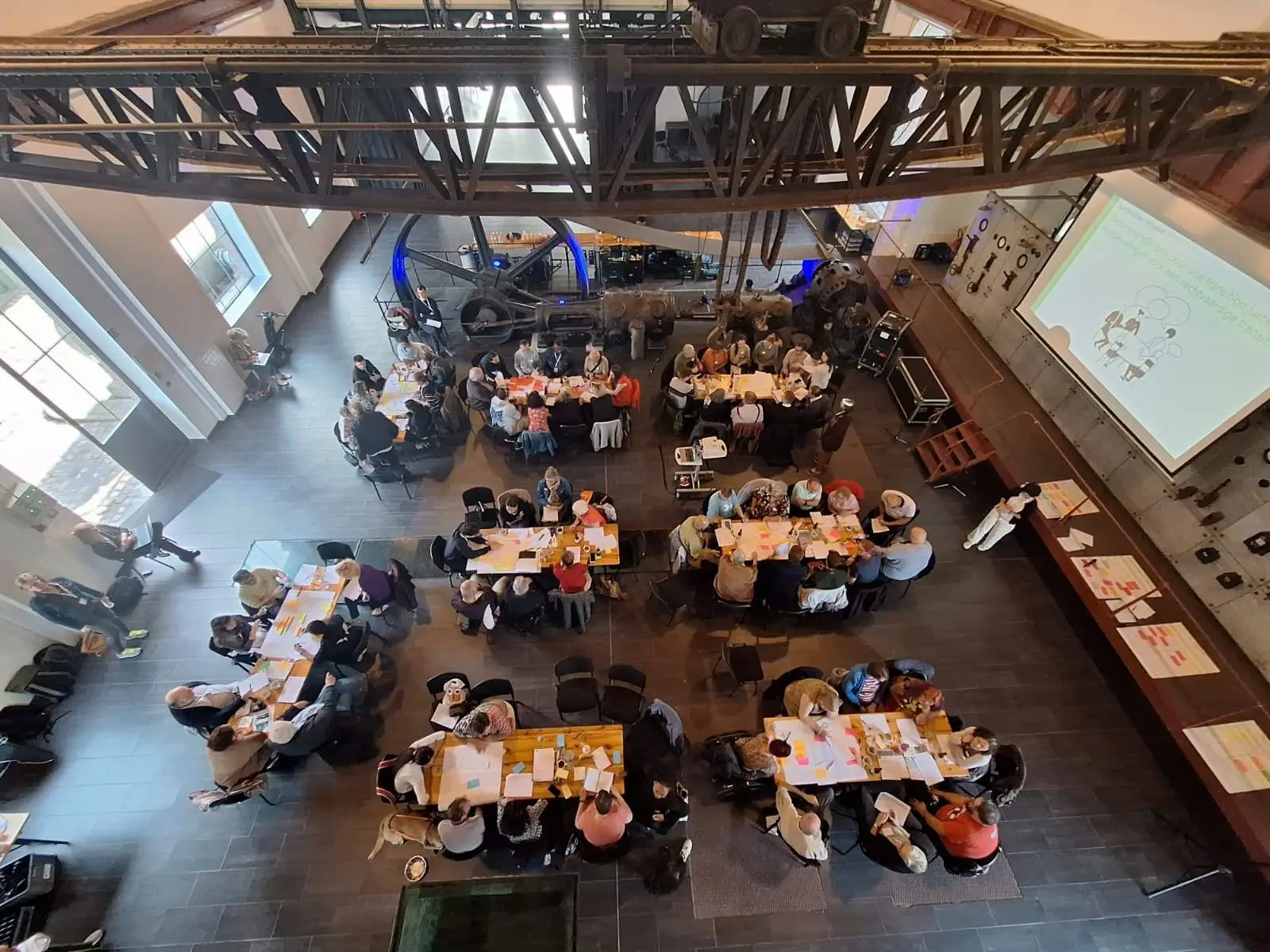 Bird’s-eye view of the different discussion groups in Charleroi during the third weekend of the Citizens' Agora on Just Transition.